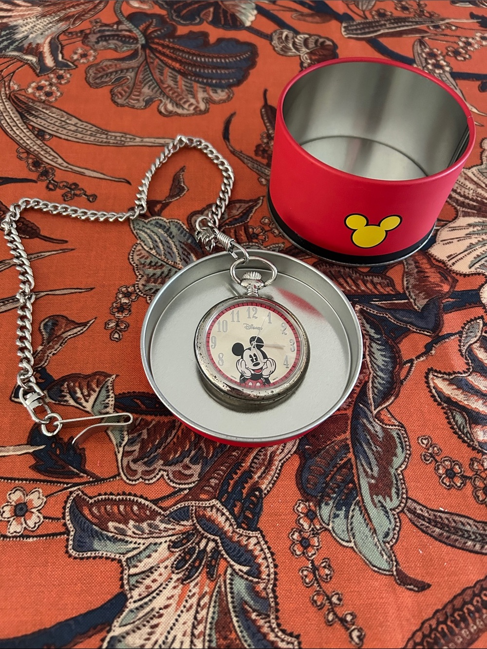 Disney Silver-Tone Mickey Mouse Pocket Watch with Red Tin